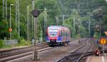 Zwei Euregiobahn (RB20) kommt aus Langerwehe-Stolberg-Altstadt nach Heerlen(NL) aus Richtung Aachen-West,Laurensberg,Richterich und hält in Kohlscheid und fährt in Richtung Herzogenrath. 
Bei schönem Sonnenschein am Morgen vom 27.6.2014.