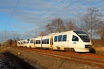 Nachschuss auf den VT 643.01 und VT 643.02 der NEB auf der Fahrt von Berlin Ostkreuz nach Templin Stadt am 18.01.2019durch Nassenheide.