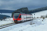 644 038 fährt am heutigen Samstag, den 03.02.2018 als RE 57 nach Winterberg vorbei am BÜ Km 42,8 und wird in Kürze den Bahnhof Winterberg (Westf) erreichen.