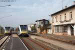 Blick nach Westen auf die Zugkreuzung in Bdingen am 25.9.13: HLB 125 nach Gelnhausen (rechts) macht 5 Minuten Paue, whrend HLB 121 nach Gieen (links) nur kurz hlt.