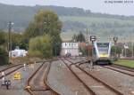 HLB-Triebwagen 124 kommt am 25.9.13 als RB HLB 24457 aus Gieen im weitlufigen Bahnhof Glauburg-Stockheim an.