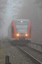 Hier ein Triebwagen der Baureihe 646 im Wald bei Nebel zwischen Dreieich-Buchschlag und Dreieich-Sprendlingen.