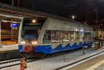 Der letzte UBB GTW Stadler an diesem Tag auf dem Bahnhof Stralsund zum Seebad Heringsdorf. - 11.01.2017
