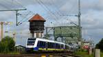 Ein RE nach Osnabrück biegt nach dem Überqueren der Oldenburger Huntebrücke von der Hauptbahn nach Bremen ab. Aufgenommen am 18.7.2017 9:32