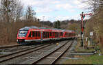 648 761-4  Ellrich  und 648 753-1  Herzberg am Harz  (Alstom Coradia LINT 41) treffen, von der Westharzbahn kommend, im Endbahnhof Herzberg(Harz) auf Gleis 4 ein.