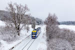 Ein Zug der BRB auf der Ammerseebahn in Richtung Geltendorf. Pflaumdorf 18.02.2018