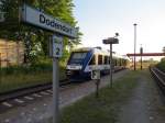 Kurzer Zwischenstopp für die Lint Hexe im Bahnhof von Dodendorf an der Strecke Magdeburg-Halberstadt zur Weiterfahrt nach Blankenburg bzw. Thale am 17.07.2014