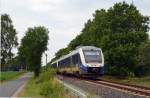 648 495 und 648 479 befanden sich am 03.07.14 auf der Rückfahrt von Buchholz(Nordheide) nach Hannover. Hier verlassen beide Triebwagen den Haltepunkt Handeloh Richtung Soltau.