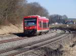 Regioshuttle 650 016-8 als RB 22841 am 07.02.2011 zwischen Biberach (Riß) und Bad Schussenried in der Nähe von Wattenweiler.