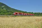 Auf der Ermstalbahn ein seltenes Bild drei Regioschuttle RS 1 650 027.650 023 und 650 009 auf der Fahrt mit dem Zusatz-Zug 28664 nach Bad Urach zu dem dortigen Schferlauf.Bild entstand in Dettingen(Erms) am 21.7.2013