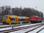 650 084 der ODEG (Ostdeutsche Eisenbahn) und 232 571 (alt belftet) standen am 12.02.13 in Marktredwitz.
