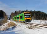 Der VT 18 als RB nach Bayerisch Eisenstein am 11.02.2013 unterwegs bei Zachenberg.