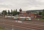Zwei 650er der Erfurter Bahn fahren am 22.09.13 in Gera bei den Geraer Eisenbahn Welten vorbei.