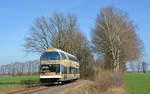 670 004 der DWE pendelte am 26.03.17 zum Saisonauftakt zwischen Wörlitz und Oranienbaum hin und her.