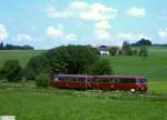 Uerdinger Schienenbus 798 776-1 + Steuerwagen 998 840-3 der Passauer Eisenbahnfreunde e.V. zum Streckenjubilum 100 Jahre Ciemgauer Lokalbahn, KBS 12951 Bad Endorf - Obing, fotografiert bei Ellerding zwischen Amerang und Aindorf am 31.05.2008 