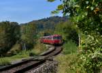 Der Schienenbus 798 706 + 798 776 + 998 840 der Passauer Eisenbahnfreunde bei einer Sonderfahrt auf der Ilztalbahn von Passau nach Freyung am 03.10.2012 unterwegs bei Waldkirchen.