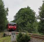 Am 25.08.13 fuhr das Ferkel (171 056-5) wieder von Adorf nach Muldenberg und zurck. Hier zusehen kurz vor Siebenbrunn.
