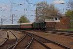 6.Dresdner Dampfloktreffen und Jubiläum 175 Jahre erste Deutsche Ferneisenbahn Leipzig-Dresden, hier der mit E77 10 bespannte Sonderzug am 11.04.2014 von Dresden Hbf. nach Riesa bei der Einfahrt in den Zielbahnhof. 