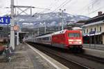 101 120 mit EC 114 Wörthersee (Klagenfurt-Dortmund) beim Halt in Spittal-Millstättersee (5.3.2019).