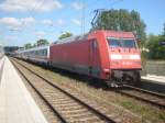 Der 11 Wagen lange IC 2212  RGEN  Koblenz-Binz mit der 101 039 am 21.05.2008 in Bergen/Rgen.