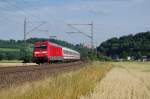 101 091 mit IC 2900 als Ersatzzug am 26.07.2013 in Blumau bei Kronach gen Norden.