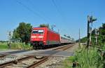 101 045-3 fuhr am 03.08.2015 mit dem IC 2203 von Norddeich Mole nach Koblenz, hier südlich von Leer.