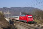 Am 20. März 2016 ist 101 072 mit EC 217 (Saarbrücken Hbf - Graz Hbf) bei Deutschfeistritz unterwegs.