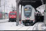 101 141-0 mit 101 037-0 als gestrandeter IC trifft auf DBpbzfa 668.2 mit Schublok 146 560-8 DB als verspäteter IC 2444 (Linie 55) von Dresden Hbf nach Hannover Hbf in Halle(Saale)Hbf. [17.3.2018 | 17:24 Uhr]