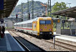 Nachschuss auf 101 030-5, mit Werbung für die Bahn-BKK, als IC 2266 (Linie 60) von München Hbf nach Karlsruhe Hbf, der Pforzheim Hbf auf Gleis 4 verlässt.
[30.7.2020 | 15:35 Uhr]