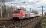 101 092 bespannte am 22.02.14 den IC 2442 von Dresden nach Köln. Nachdem sie Leipzig-Thekla durchfahren hat wird sie in kürze den Leipziger Hbf erreichen. Wegen Bauarbeiten wurde der Fernverkehr über den Leipziger Güterring geleitet.