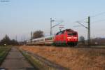 Die 120 149-0 zog am 10.02.2013 den IC 2351 Saarbrcken-Mannheim-Stuttgart. Ab Mannheim Hbf wurde der Zug ber Heidelberg umgeleitet, weil die SFS wegen Tieren im Gleis kurz gesperrt wurde. Durch diese Umleitung versptete sich der Zug um etwa 20 Minuten. Aufgenommen bei Bad Schnborn.