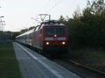 Nur zum Kreuzungshalt hielt der EC 378 Bratislava-Binz,am 04.Mai 2013,gezogen von 120 151,in der Station Prora.