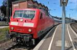 Zwischenhalt am 16.05.2014 von der 120 122-7 mit dem IC 2913 (Frankfurt (Main) Hbf - Basel SBB), als Ersatz für den ICE 279 (Berlin Ostbahnhof - Basel SBB), in Offenburg.