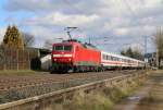 Dieser IC in Richtung Süden wurde am 22.02.2014 von führend 120 155-7 und schiebend von 120 120-1 gesandwicht. Aufgenommen in Ludwigsau-Friedlos.