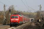 Der RE9 (RSX) mit 120 206-8 fuhr am 03.03.2011 durch Eilendorf.