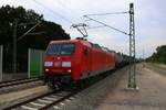 145 038-6 DB als Kesselzug durchfährt den Bahnhof Schkopau auf der Bahnstrecke Halle–Bebra (KBS 580) Richtung Großkorbetha.