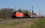 145 022 führte am 11.04.19 einen gemischten Güterzug durch Braschwitz Richtung Halle(S).