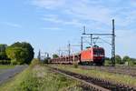 DB Cargo 145 035 mit leeren Autotransportzug in Richtung Osnabrück (bei Diepholz, 06.05.2020).