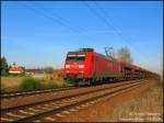 145 052 zieht am Vormittag des 04.02.08 den leeren Kieszug nach Neuburxdorf, Falkenberg/Elster.