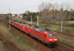 145 074 mit Tfzl 63029 (Seddin–Cottbus) am 11.04.2011 in Baruth (Mark)