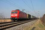 Mit einem Containerzug fuhr 145 031-1 am 08.03.2014 nördlich von Müllheim (Baden) in Richtung Schweizer Grenze.