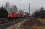 145 080-8 durchfährt am 18.02.2017, mit einem auf neudeutsch  Mischer , die Ortslage von Lehndorf (Altenburg).