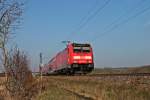 Hier die 146 238-1 am 08.03.2014 mit einem RE aus Offenburg nach Basel Bad Bf kurz vor ihrem nächsten Zwischenstop in Müllheim (Baden).