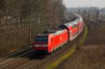 146-103-7 wird mit dem Regional-Express nach Hannover in Kürze den Bahnhof Bremerhaven-Wulsdorf passieren. 3.3.2014