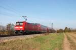 Nachschuss auf 146 230-8  Radolfszell  am 31.10.2014 mit der RB (Neuenburg (Baden) - Karlsruhe Hbf) bei Hügelheim und fuhr ihrem nächsten Zwischenhalt in Buggingen entgegen.