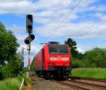 146 018 mit dem Zielort WWW.Bahn.de bei Km 10,4 (Kohlscheid) auf der KBS485 in Richtung Aachen am 24.Mai 2014