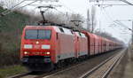 DB Cargo Deutschland AG mit der Doppeltraktion  152 145-9  [NVR-Number: 91 80 6152 145-9 D-DB] +   152 038-6  [NVR-Number: 91 80 6152 038-6 D-DB] mit dem Erzzug aus Hamburg am 19.02.19 Durchfahrt Bf.