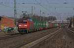 152 089-9 der DB mit Güterzug am 14.02.2018 bei der Durchfahrt Bhf. Bohmte, Fahrtrichtung Osnabrück. 