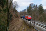 152 103 DB Cargo mit einem gemischten Güterzug bei Etterzhausen Richtung Regensburg, 20.03.2021