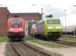 Die Werbelok 152 005 mit dem Slogan:
 Weizen fr 1 Million frische Brtchen ...
... geerntet in 49 Minuten CLAAS LEXION 600  
am 9.9.07 auf einem Abstellgleis in Ingolstadt HBF.